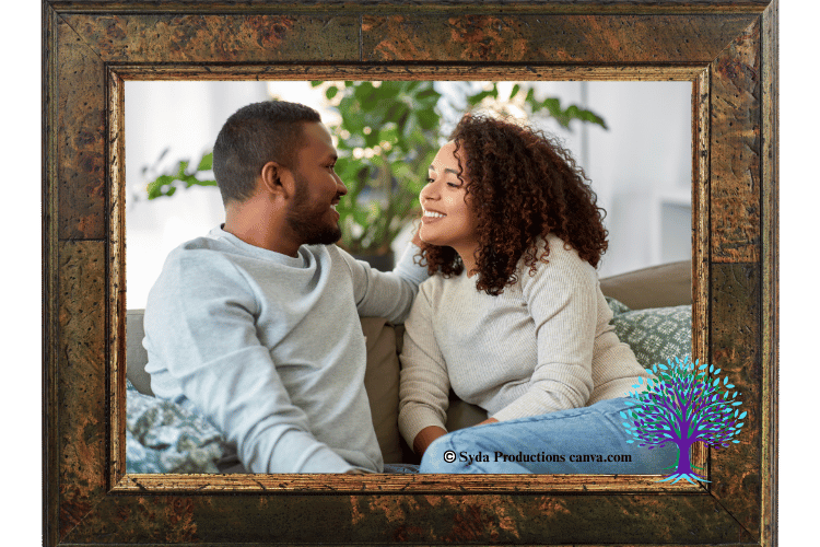 Man and woman talking on a couch.