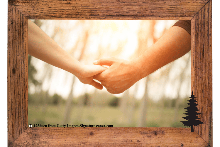 One hand holding another with sunset and trees in background.