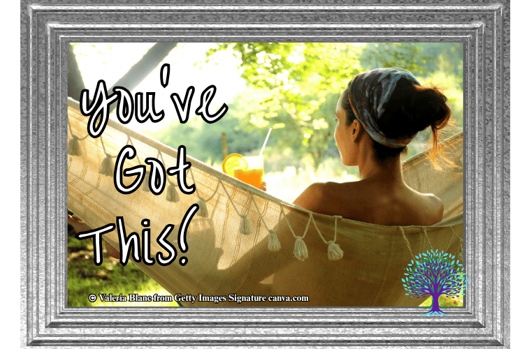 Woman drinking lemonade while sitting in hammock looking at trees and a lake. Words you've got this.