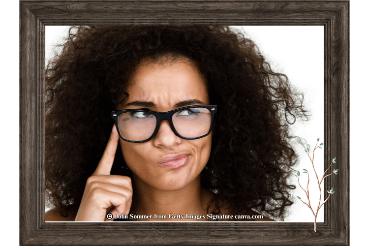 Woman with a thoughtful funny facial expression.
